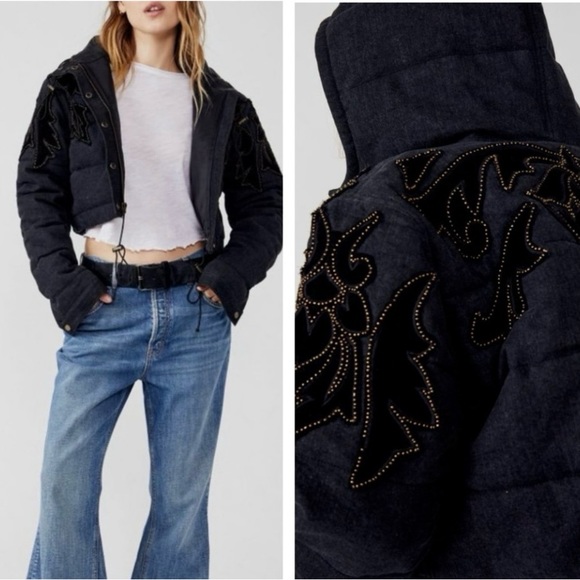 🔥🔥NWT - Free People - Fleur de Lis Denim Puffer Jacket - Washed Black - Picture 5 of 6
